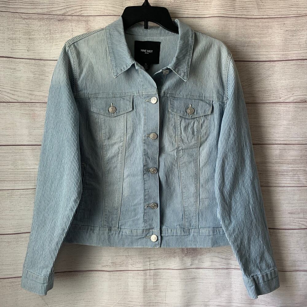 Nine West Blue and White Pisa Stripe Jean Saraj Jacket Button Up Size XL